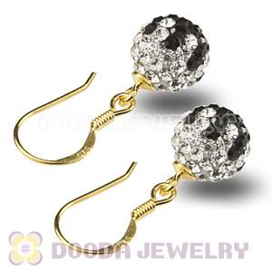 8mm Black-White Czech Crystal Ball Gold Plated Sterling Silver Hook Earrings