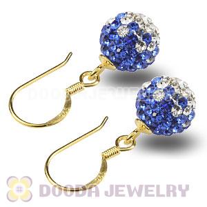 8mm Blue-White Czech Crystal Ball Gold Plated Sterling Silver Hook Earrings