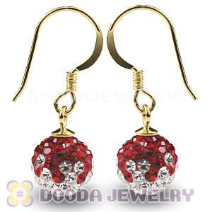8mm Red-White Czech Crystal Ball Gold Plated Sterling Silver Hook Earrings