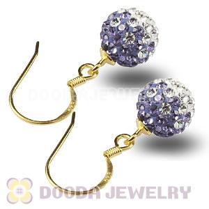 8mm Purple-White Czech Crystal Ball Gold Plated Sterling Silver Hook Earrings