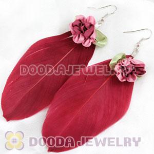 Wholesale Crimson Tibetan Jaderic Bohemia Styles Silk Flower Feather Earrings