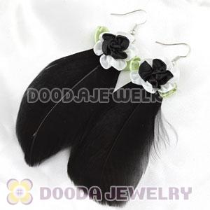 Wholesale Black Tibetan Jaderic Bohemia Styles Silk Flower Feather Earrings