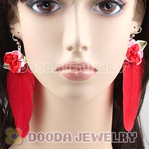 Wholesale Red Tibetan Jaderic Bohemia Styles Silk Flower Feather Earrings
