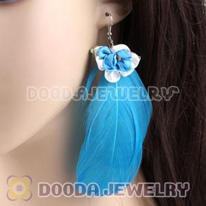 Wholesale Blue Tibetan Jaderic Bohemia Styles Silk Flower Feather Earrings
