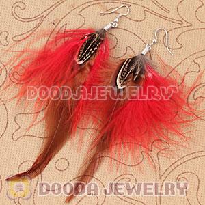 Long Red Tibetan Jaderic Bohemia Styles Grizzly Feather Earrings