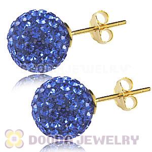 10mm Blue Czech Crystal Ball Gold Plated Silver Stud Earrings Wholesale