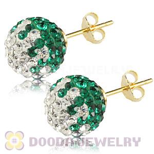 10mm White-Green Czech Crystal Ball Gold Plated Silver Stud Earrings Wholesale