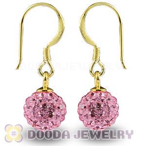 8mm Pink Czech Crystal Ball Gold Plated Sterling Silver Hook Earrings