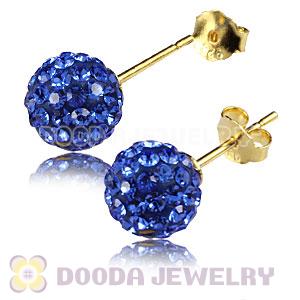 8mm Blue Czech Crystal Ball Gold Plated Silver Stud Earrings Wholesale