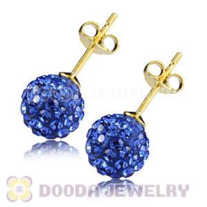 8mm Blue Czech Crystal Ball Gold Plated Silver Stud Earrings Wholesale