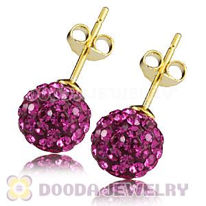 8mm Magenta Czech Crystal Ball Gold Plated Silver Stud Earrings Wholesale