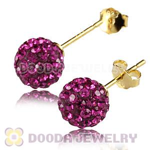 8mm Magenta Czech Crystal Ball Gold Plated Silver Stud Earrings Wholesale