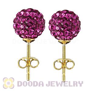 8mm Magenta Czech Crystal Ball Gold Plated Silver Stud Earrings Wholesale