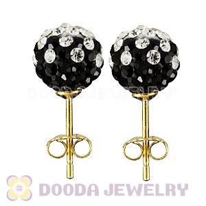 8mm Black-White Czech Crystal Ball Gold Plated Silver Stud Earrings Wholesale