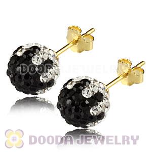 8mm Black-White Czech Crystal Ball Gold Plated Silver Stud Earrings Wholesale