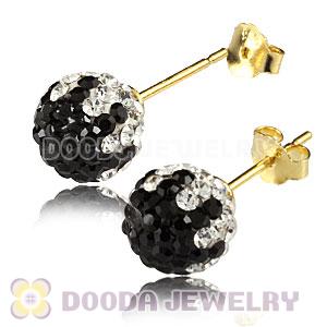 8mm Black-White Czech Crystal Ball Gold Plated Silver Stud Earrings Wholesale