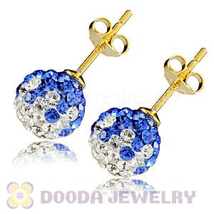 8mm Blue-White Czech Crystal Ball Gold Plated Silver Stud Earrings Wholesale