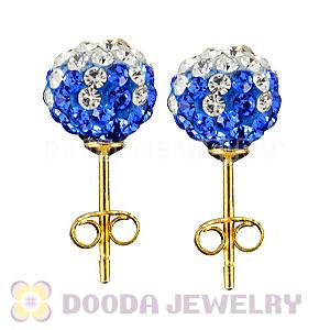 8mm Blue-White Czech Crystal Ball Gold Plated Silver Stud Earrings Wholesale