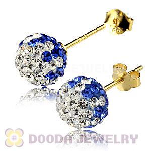 8mm Blue-White Czech Crystal Ball Gold Plated Silver Stud Earrings Wholesale
