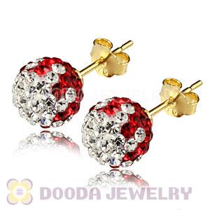 8mm Red-White Czech Crystal Ball Gold Plated Silver Stud Earrings Wholesale