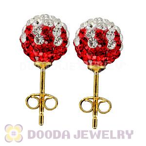8mm Red-White Czech Crystal Ball Gold Plated Silver Stud Earrings Wholesale
