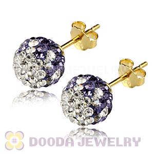 8mm Purple-White Czech Crystal Ball Gold Plated Silver Stud Earrings Wholesale