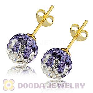 8mm Purple-White Czech Crystal Ball Gold Plated Silver Stud Earrings Wholesale