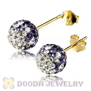 8mm Purple-White Czech Crystal Ball Gold Plated Silver Stud Earrings Wholesale