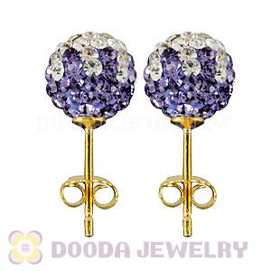 8mm Purple-White Czech Crystal Ball Gold Plated Silver Stud Earrings Wholesale