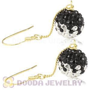 10mm Black-White Czech Crystal Ball Gold Plated Silver Dangle Earrings Wholesale 