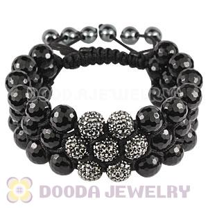 3 Row Faceted Black Onyx Grey Czech Crystal Wrap Bracelet 