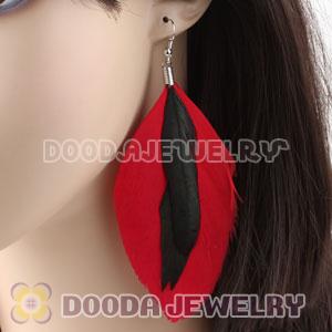 Long Red Triple Layer Tibetan Jaderic Bohemia Feather Earrings