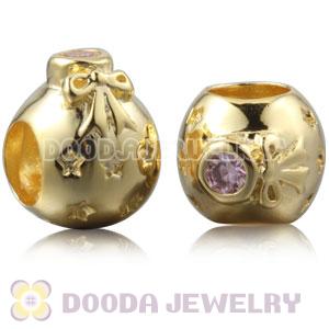 Gold Plated Sterling Silver Christmas Ball Beads With Pink Stone