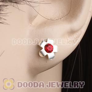 Sterling Silver Fashion Flower With Red CZ Stud Earrings