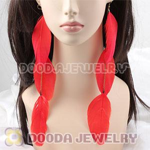 Red Big Flake Extra Long Feather Earrings Wholesale