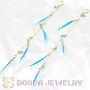 Cyan Long Feather Earrings With Beads Wholesale