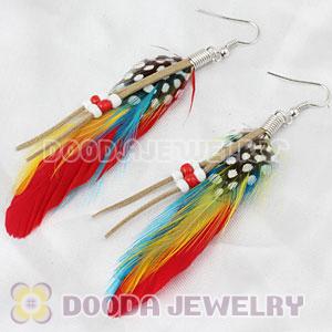 Red Tibetan Jaderic Indianstyles Feather Earrings With Beads Wholesale