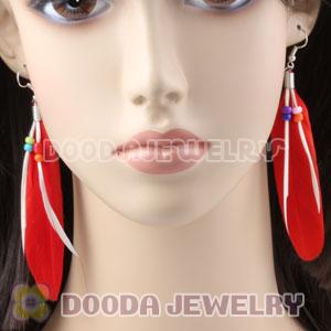 Red Tibetan Jaderic Indianstyles Feather Earrings With Beads Wholesale