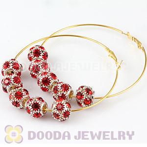 70mm Basketball Wives Hoop Earrings With Red Crystal Ball Beads 