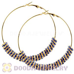70mm Gold Basketball Wives Blue Crystal Spacer Hoop Earrings Wholesale 