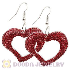 Red Crystal Heart Basketball Wives Bamboo Hoop Earrings 