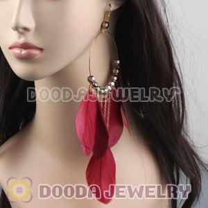 Red Basketball Wives Feather Hoop Earrings With Beads Wholesale