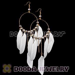 White Basketball Wives Feather Hoop Earrings With Beads Wholesale