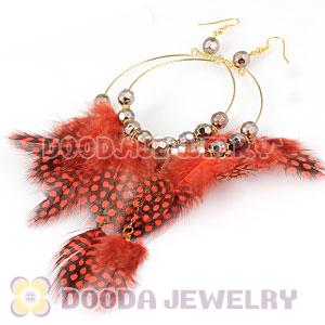 Red Basketball Wives Feather Hoop Earrings With Beads Wholesale