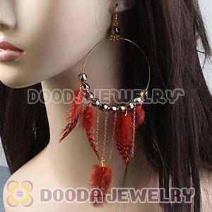 Red Basketball Wives Feather Hoop Earrings With Beads Wholesale