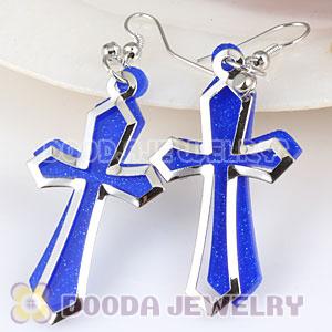 Blue Crystal Basketball Wives Bamboo Cross Hoop Earrings Wholesale