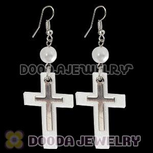 White Crystal Basketball Wives Bamboo Cross Hoop Earrings Wholesale