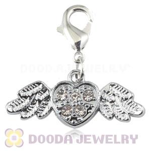 Platinum Plated Alloy European Jewelry Flying Heart Charms With Stone