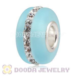 Cyan Frosted Glass Silver Core Bead With Austrian Crystal For European Bracelet