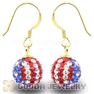10mm Czech Crystal Flag Of USA Bead Gold Plated Silver Hook Earrings Wholesale 